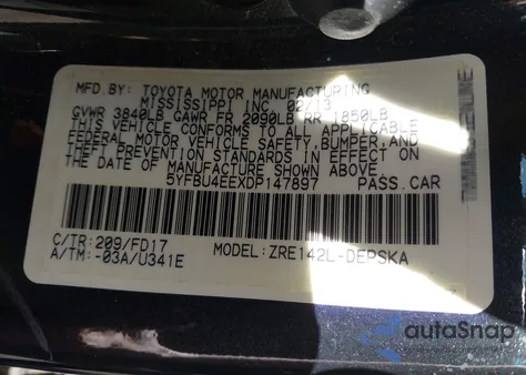 2013 Toyota Corolla S z USA, uszkodzony, nr VIN 5YFBU4EEXDP147897